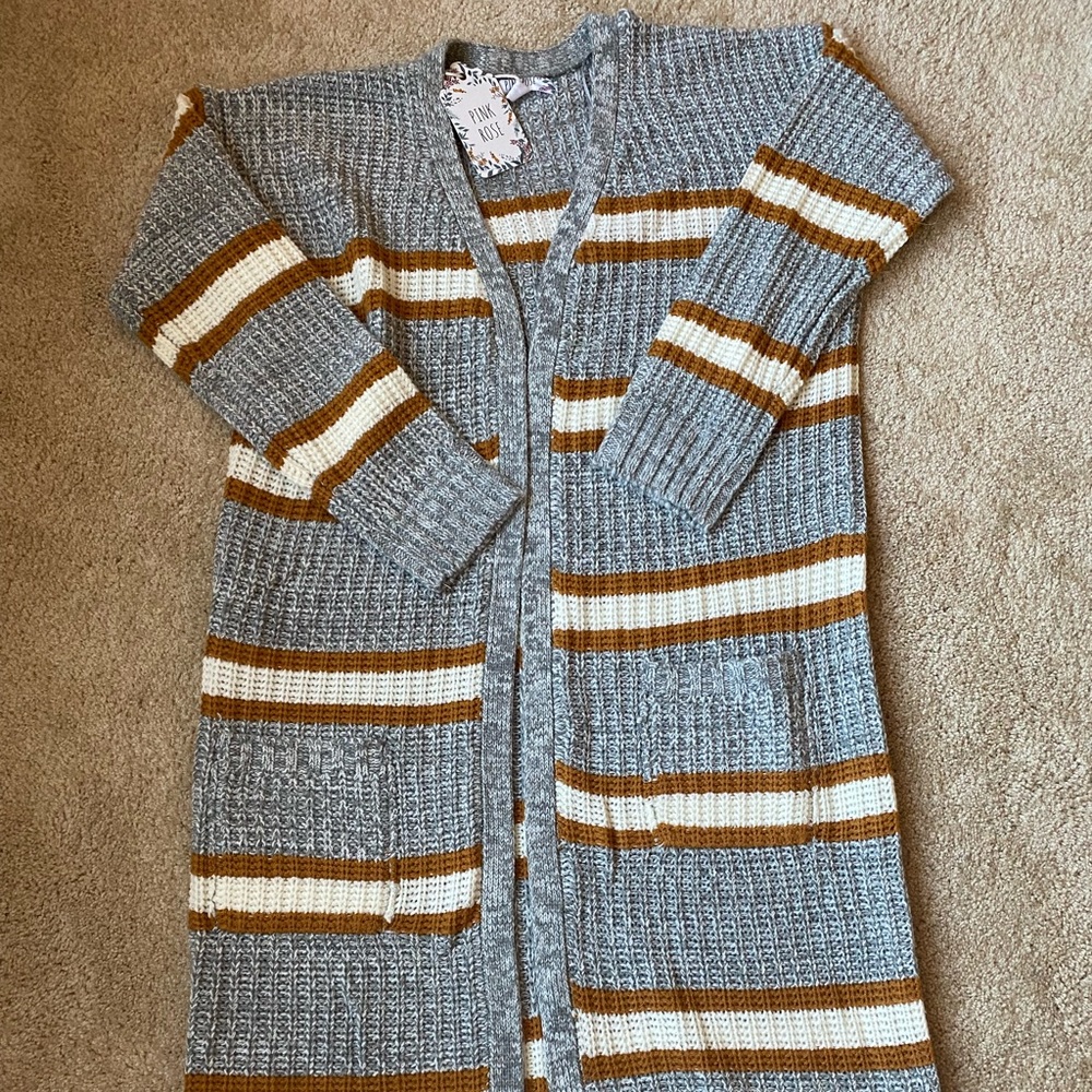 Pink Rose long gray stripe cardigan